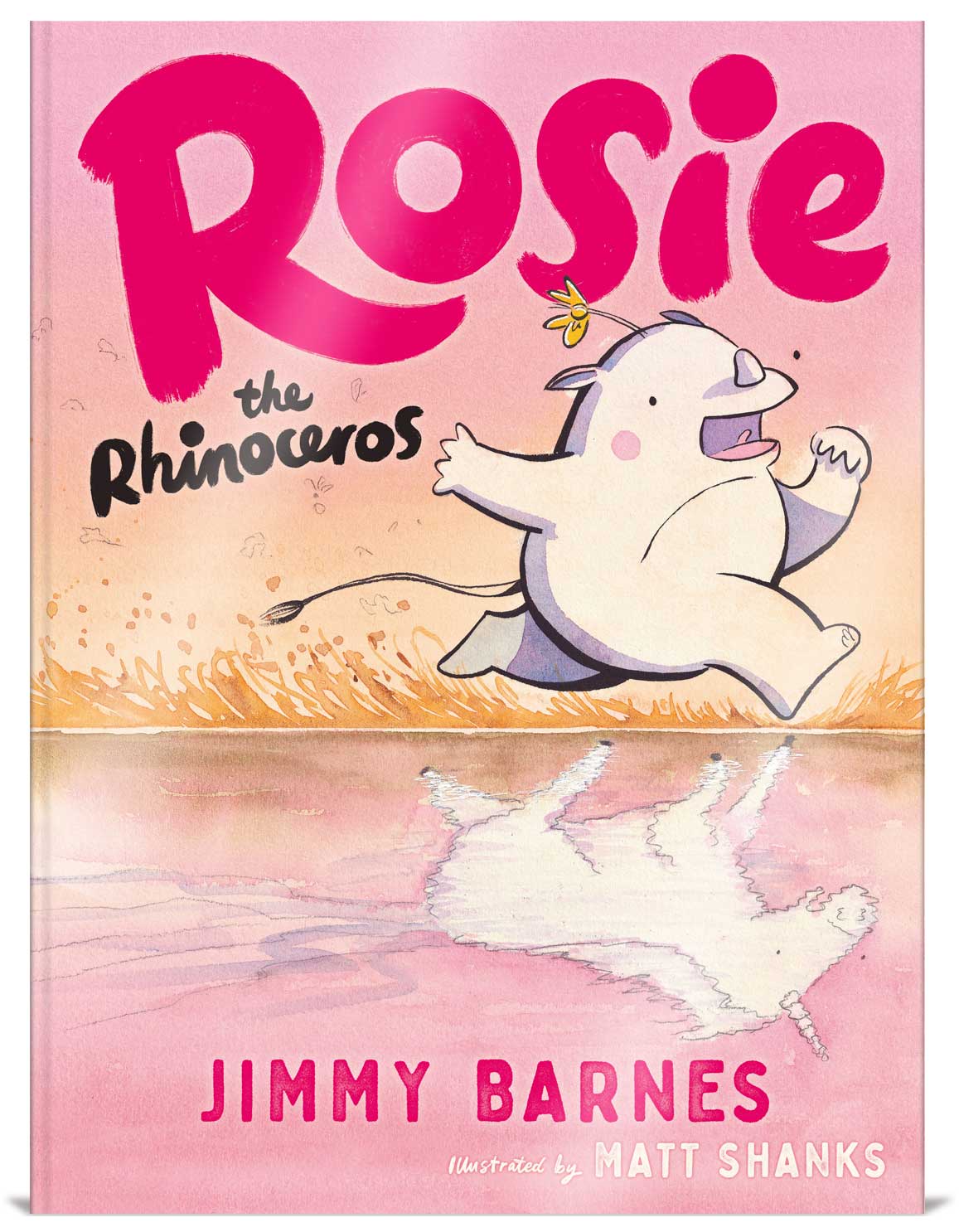 Cover image of the book: A white rhino running alongside a river with a unicorn reflected in it